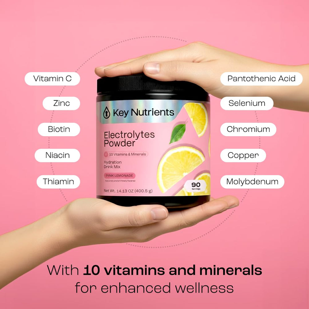 KEY NUTRIENTS pink lemonade packet offers convenient servings for consistent hydration.