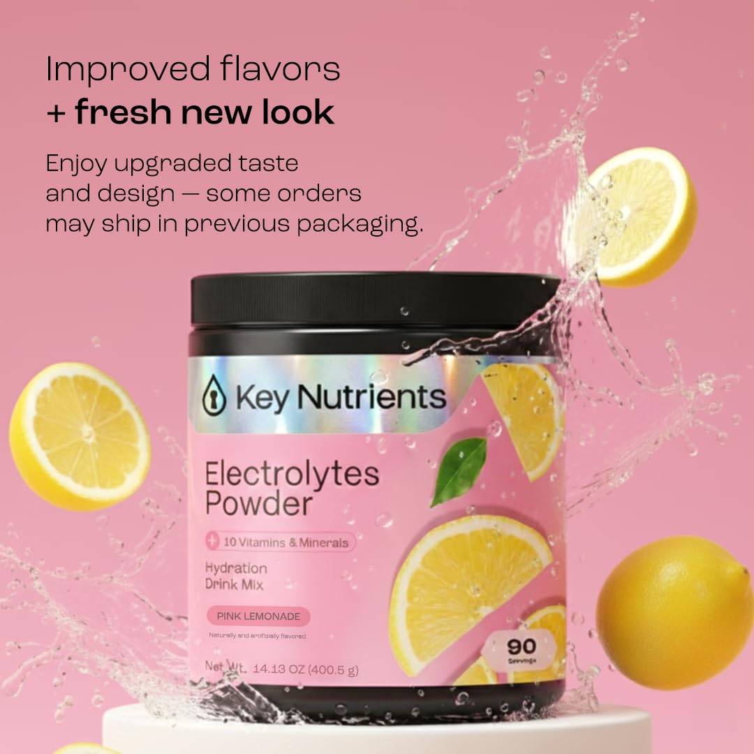 KEY NUTRIENTS pink lemonade powder scoop highlights fast mixing for on-the-go hydration.