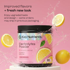 KEY NUTRIENTS pink lemonade powder scoop highlights fast mixing for on-the-go hydration.