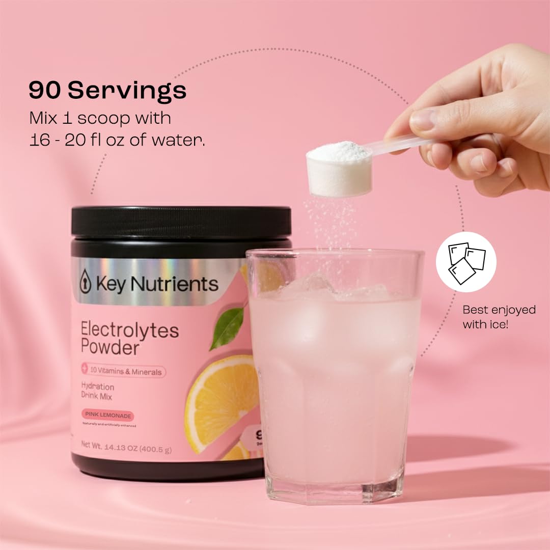 KEY NUTRIENTS pink lemonade tub closeup emphasizes electrolyte blend for balanced fluids.