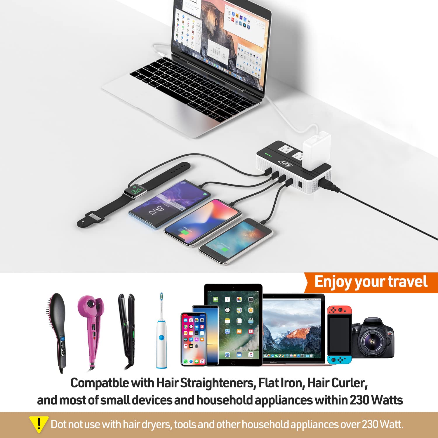 Key Power compact travel companion for overseas appliances under 230 watts.