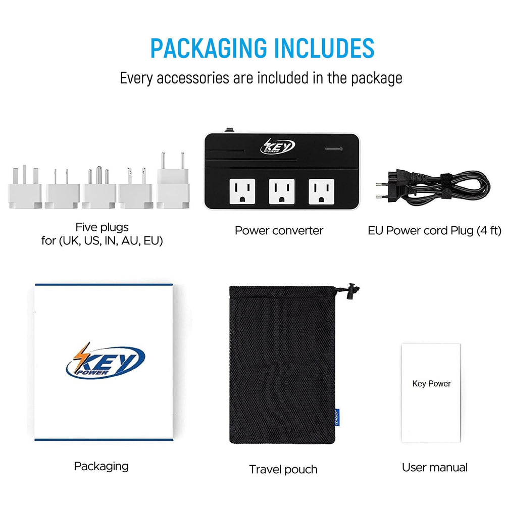 Key Power adapting to European outlets with safe power conversion.