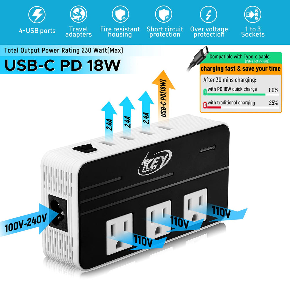 Key Power USB-C PD 18W port ready to fast-charge phones.
