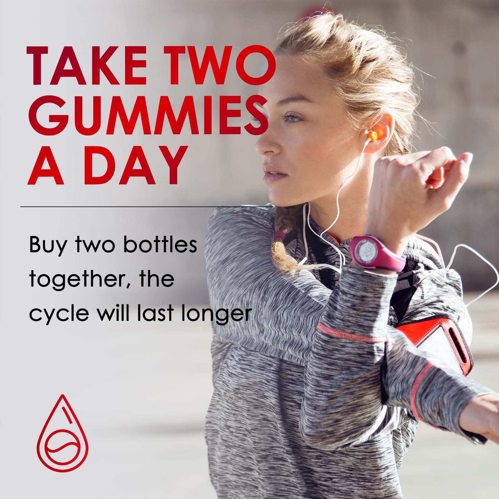 Gummies shown beside a breakfast plate for a simple two-per-day routine