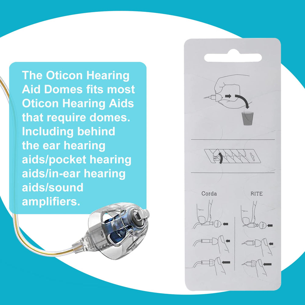 KH HAIKE universal domes shown with Oticon hearing aids.