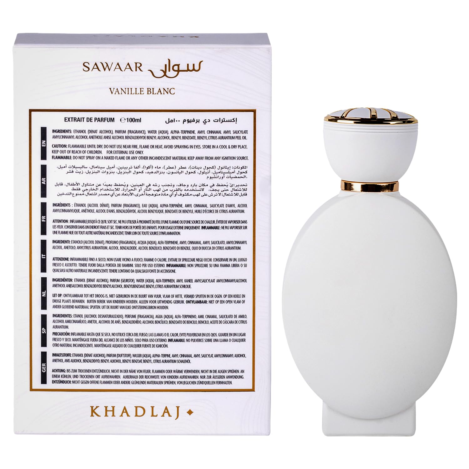 Khadlaj Sawaar Vanille Blanc box packaging communicates premium unisex fragrance
