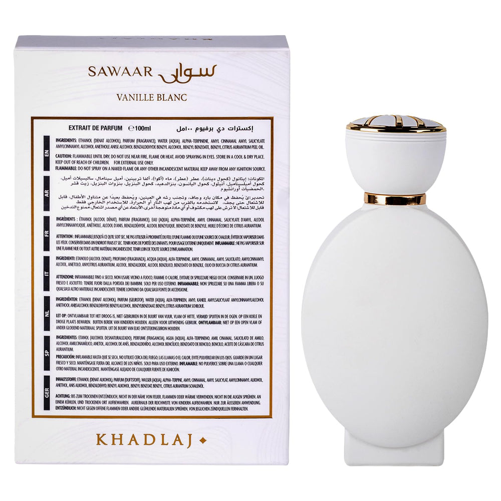 Khadlaj Sawaar Vanille Blanc box packaging communicates premium unisex fragrance