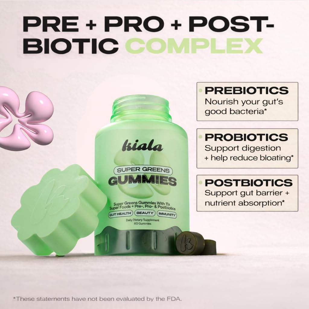 Kiala Nutrition Super Greens bottle label highlighting dairy-free and vegetarian formula.