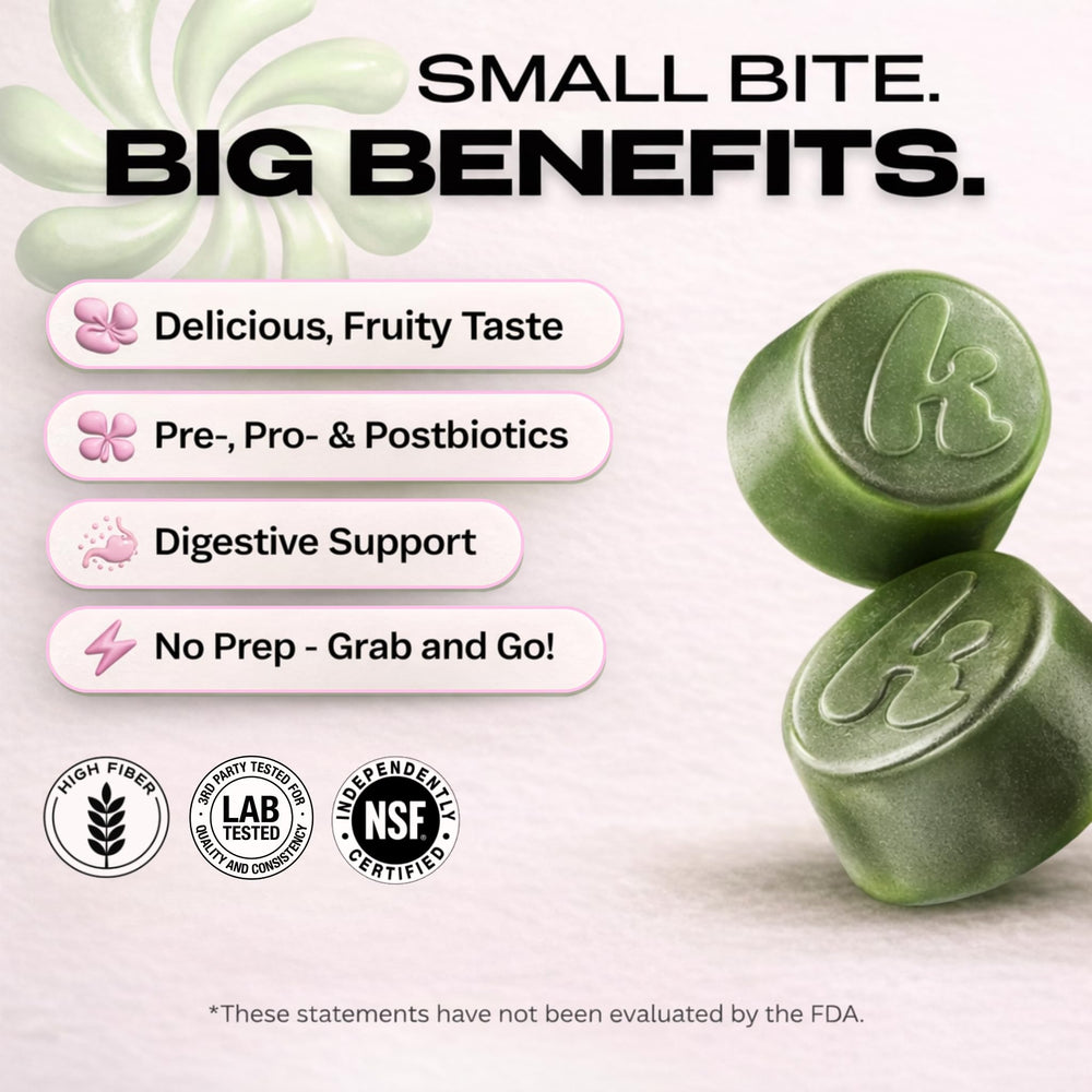 Kiala Nutrition Super Greens ingredient panel with organic greens and antioxidants.