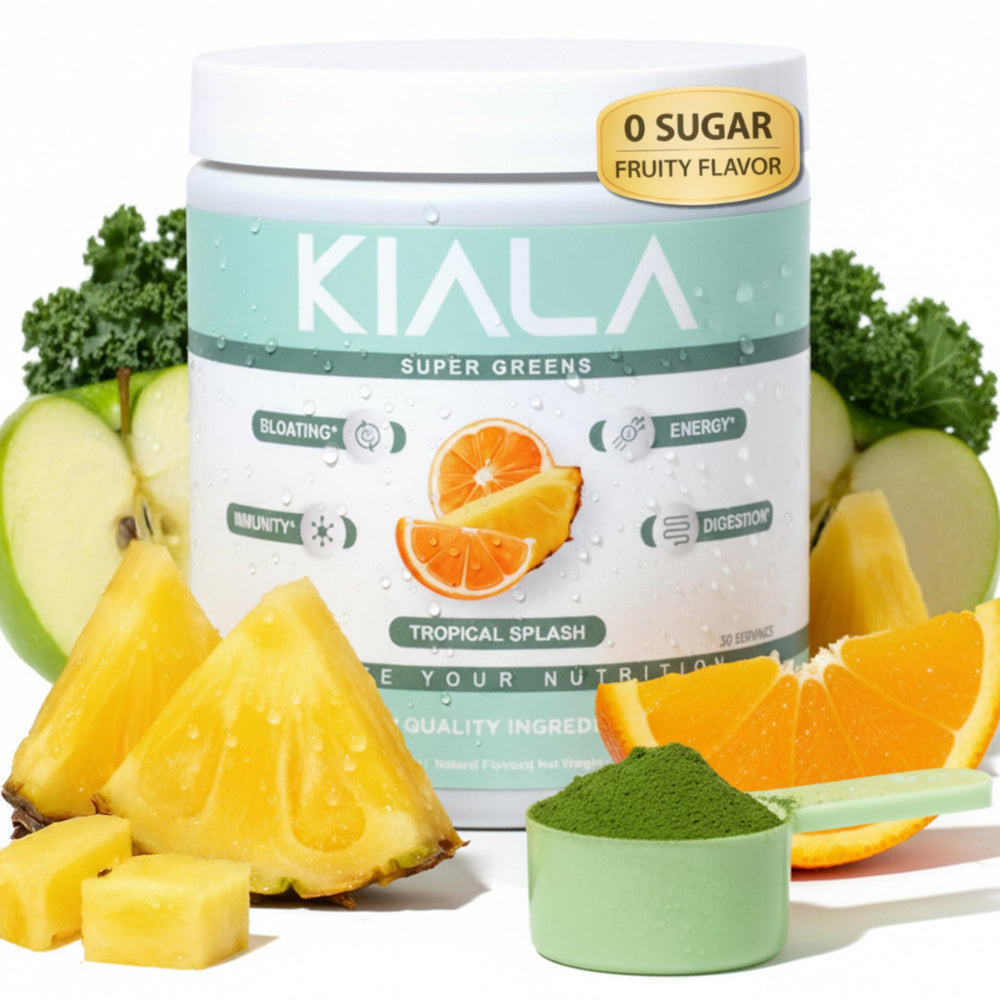 Kiala Nutrition Super Greens Tropical Splash bottle promotes a refreshing daily greens ritual