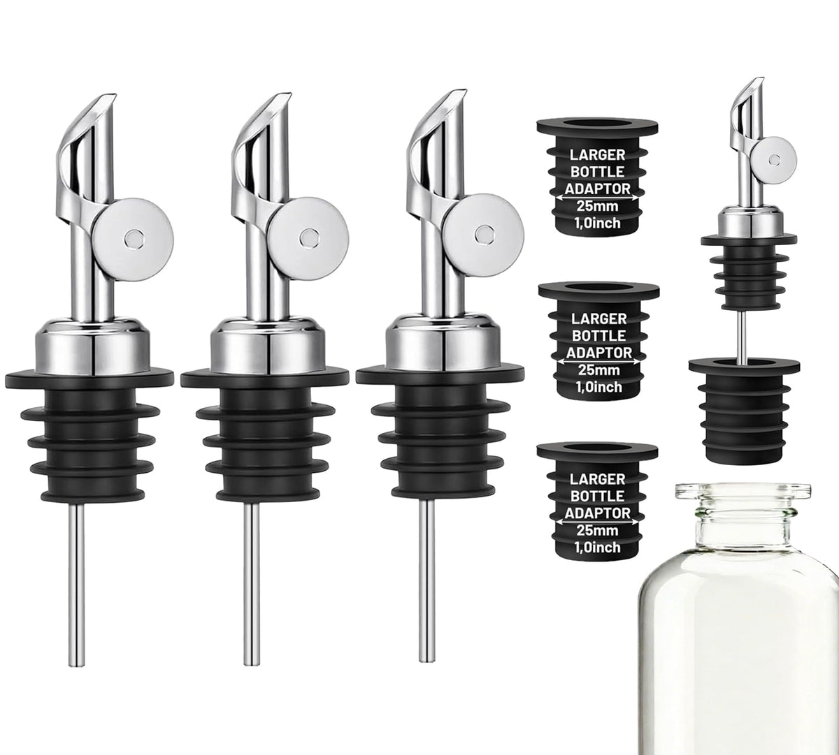 KIBARTOL 3-pack olive oil pour spout in silver for controlled, mess-free pouring.