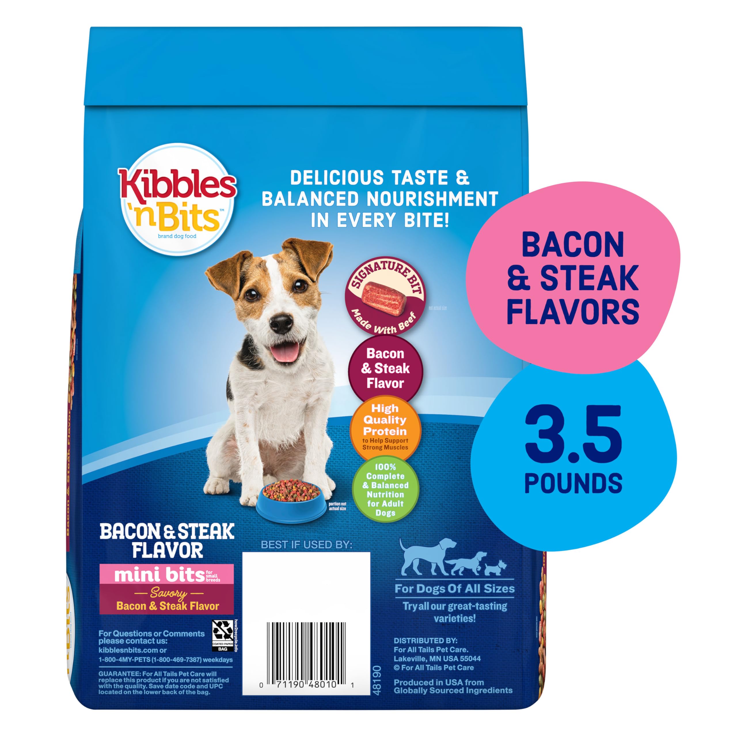 Kibbles 'n Bits Mini Bits bag front shows savory bacon & steak flavor appealing to picky small dogs.