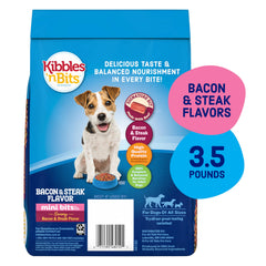 Kibbles 'n Bits Mini Bits bag front shows savory bacon & steak flavor appealing to picky small dogs.