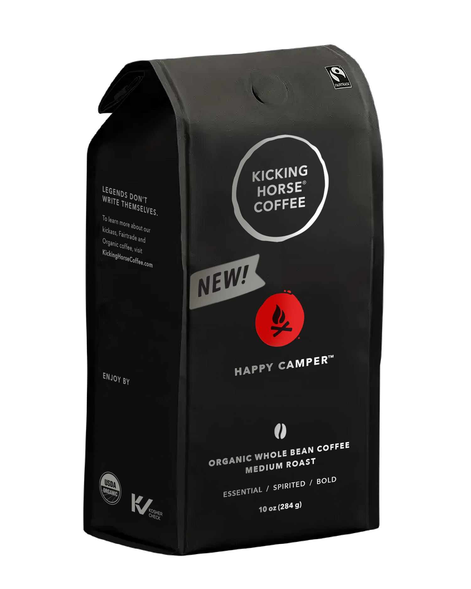 Kicking Horse Happy Camper coffee bag showcasing organic and fairtrade quality for eco-conscious brewers.