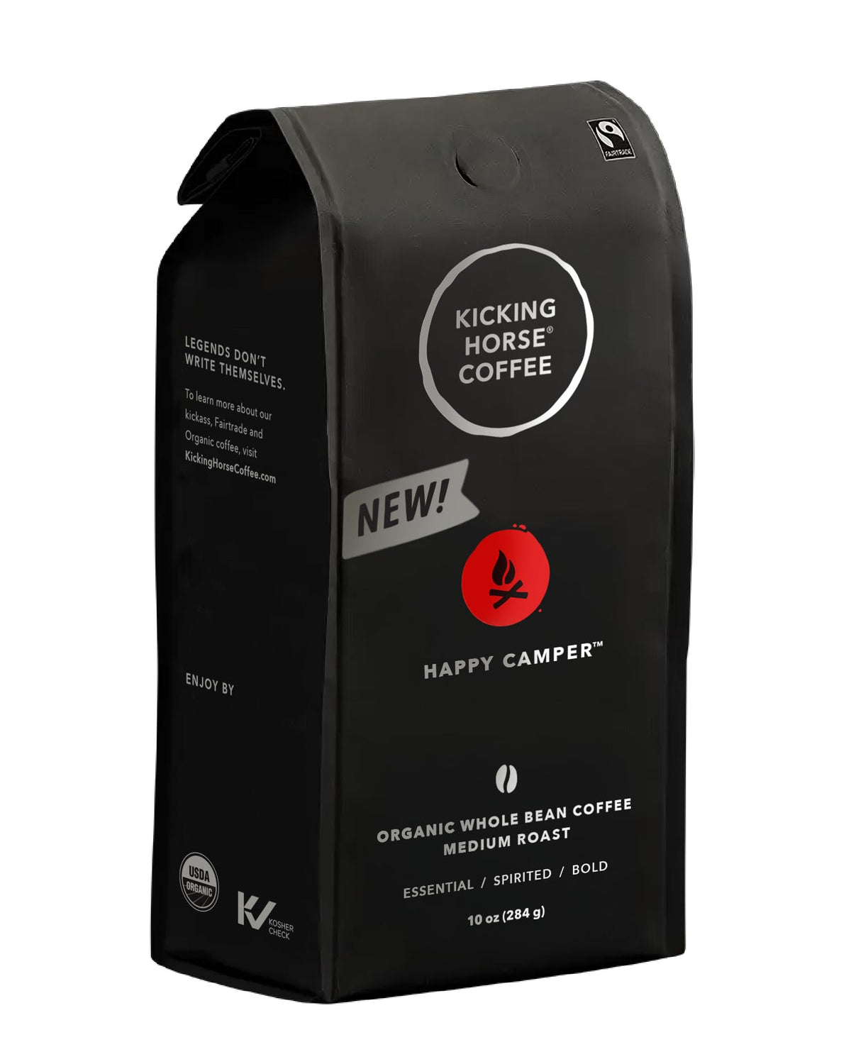 Kicking Horse Happy Camper coffee bag showcasing organic and fairtrade quality for eco-conscious brewers.