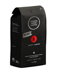 Kicking Horse Happy Camper coffee bag showcasing organic and fairtrade quality for eco-conscious brewers.