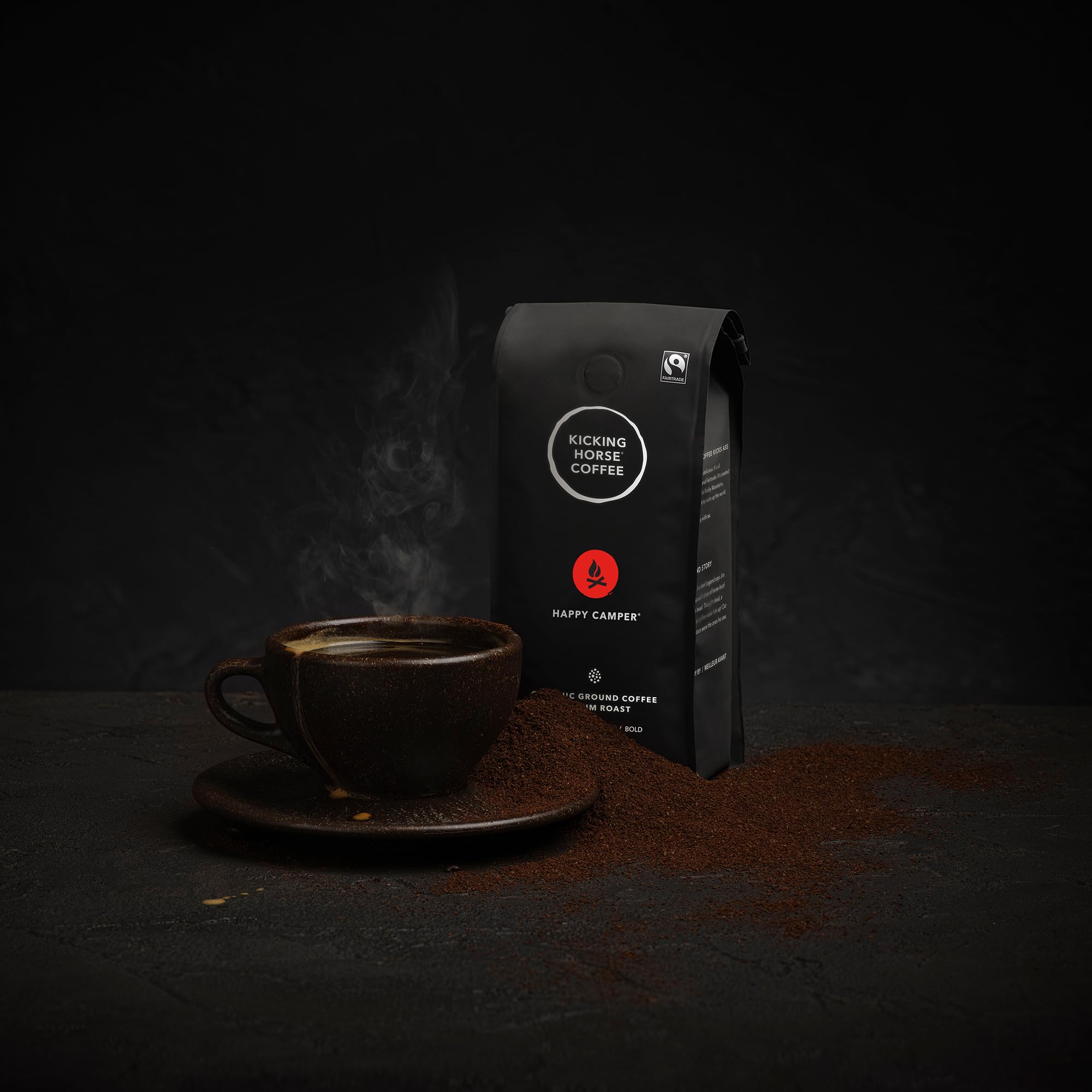 Outdoor camping scene featuring Happy Camper coffee for trail mornings.