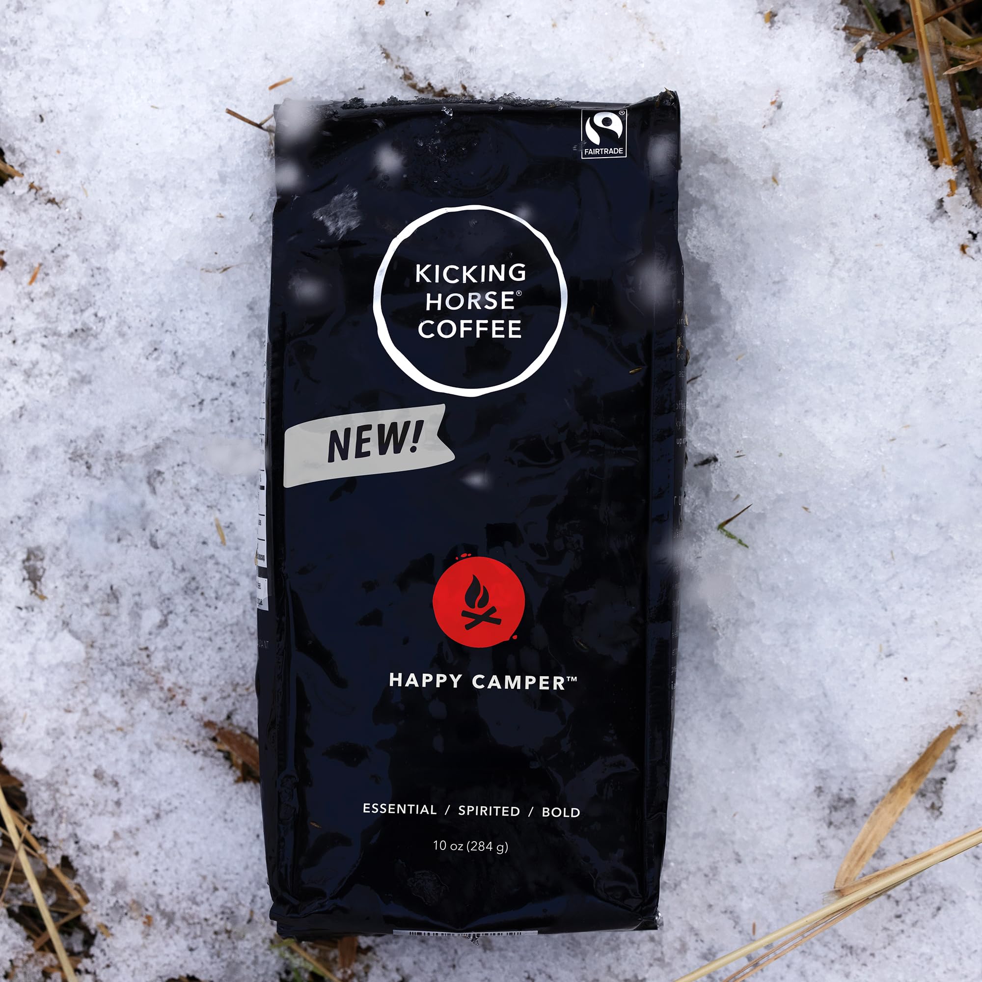 Kicking Horse Happy Camper packaging in kitchen or camp setting ready for daily brew.