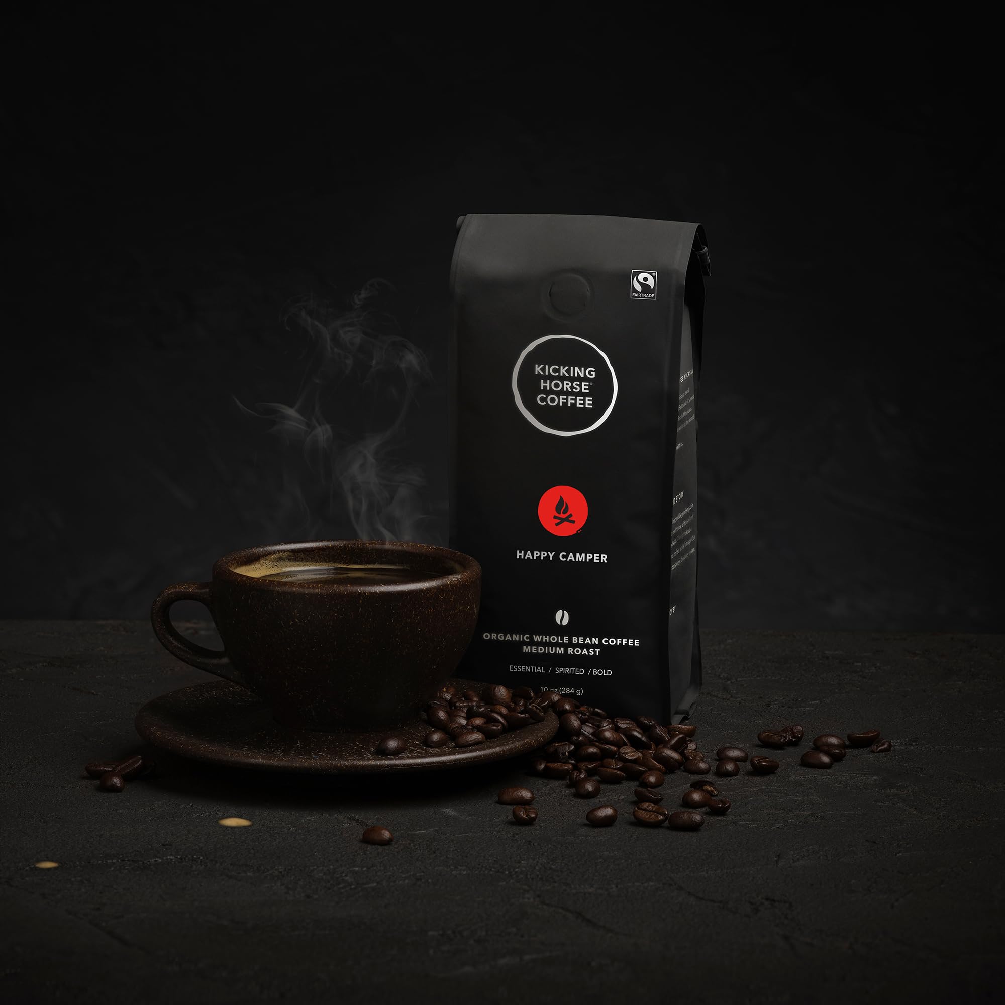Kicking Horse Happy Camper tasting notes show caramelized sugar, roasted nut, and chocolate finish.