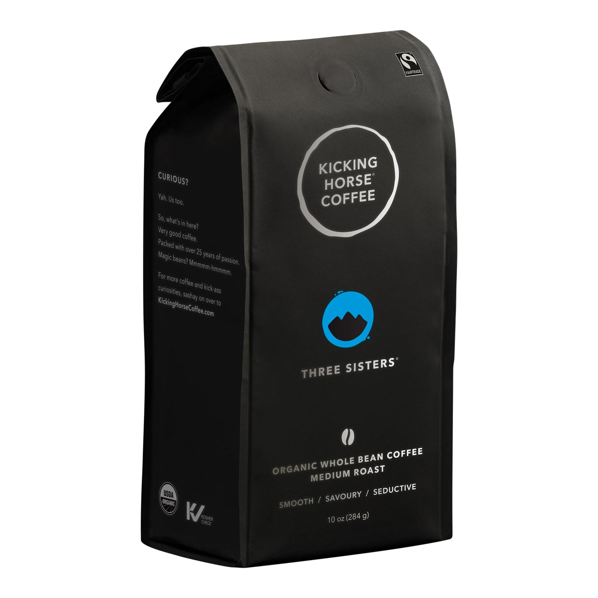 Kicking Horse Three Sisters whole-bean front view, ideal for versatile drip or pour-over.