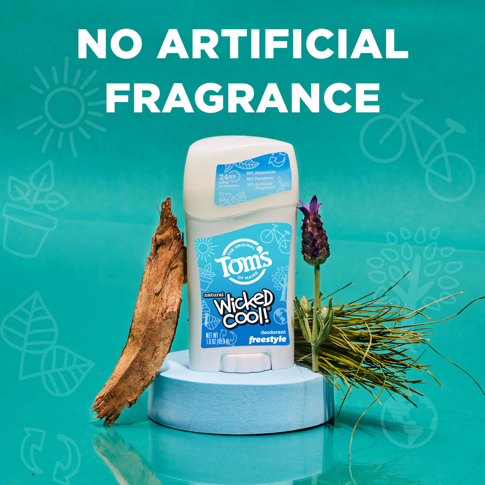 Kid applying Tom's of Maine Wicked Cool Freestyle deodorant after sports, comfortable scent.