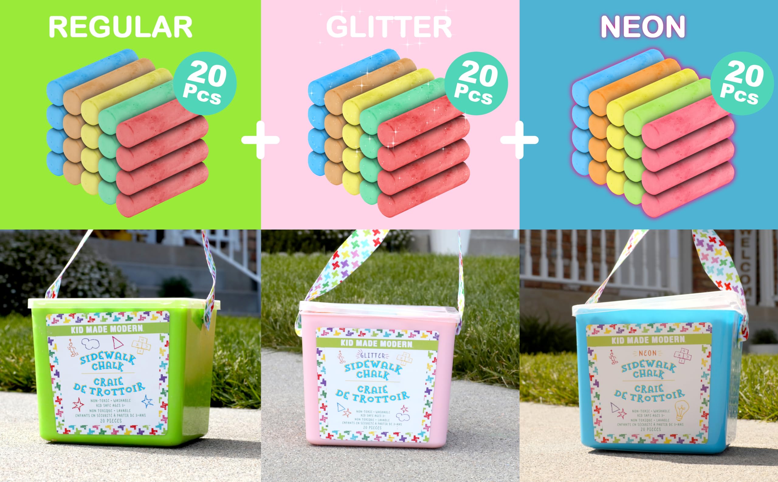 Kid Made Modern glitter sidewalk chalk pack—sparkly lines for sidewalk creativity.
