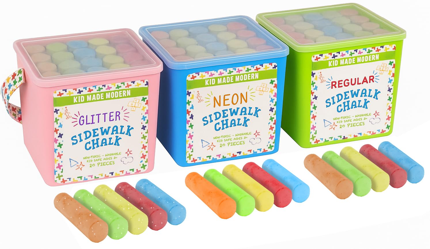 Kid Made Modern neon sidewalk chalk pack—bright colors for outdoor art.