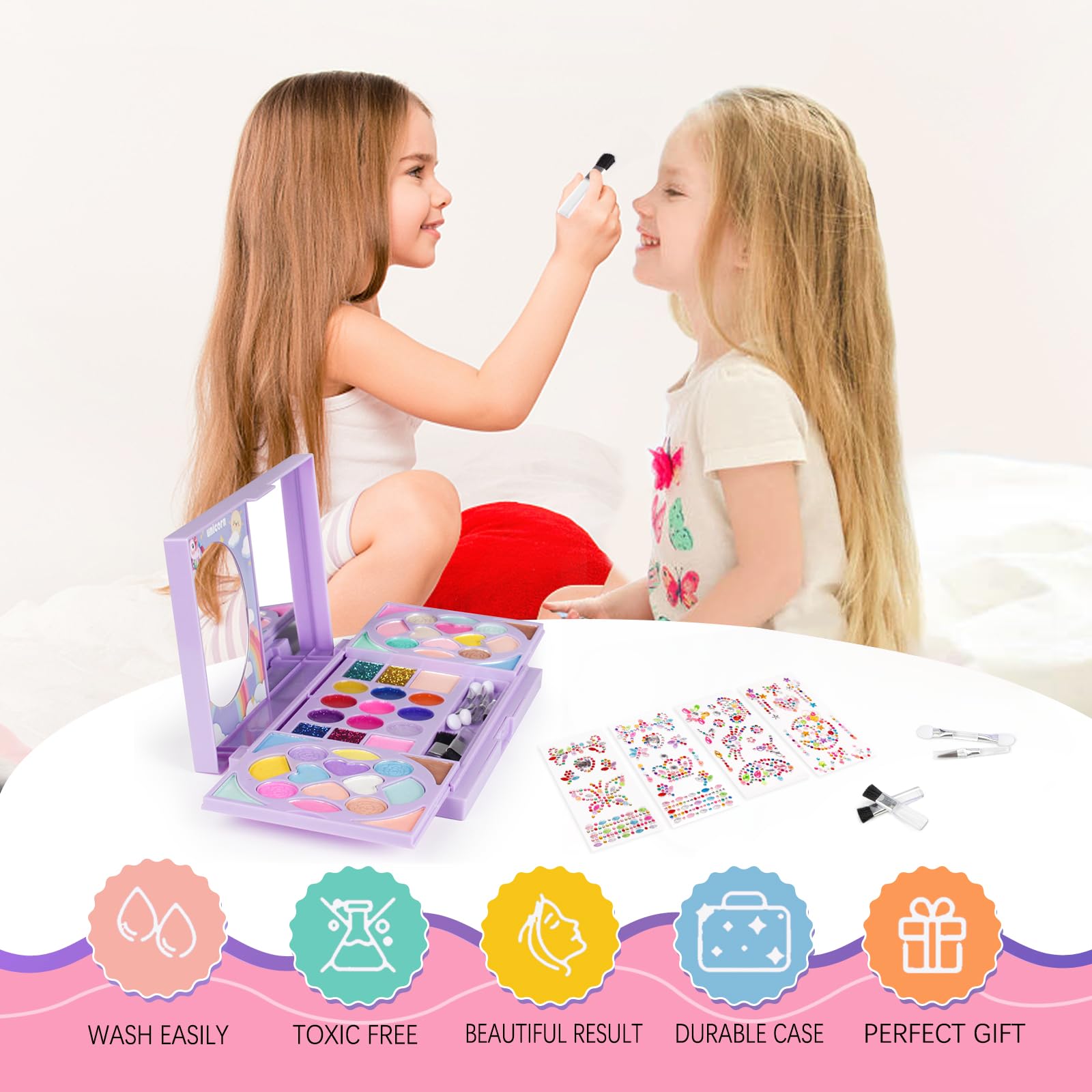 KIDCHEER makeup kit blushes adding gentle color to cheeks during dress-up.
