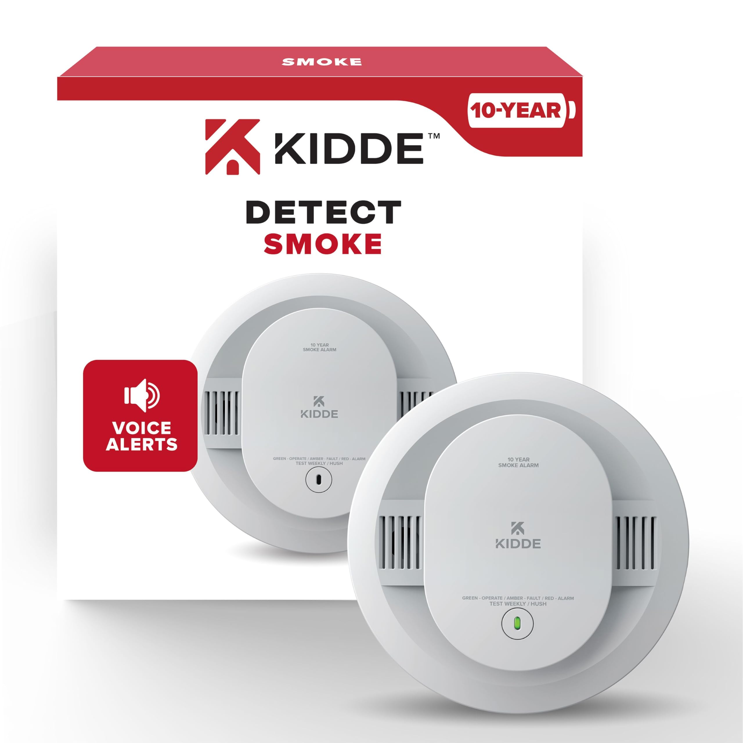 Kidde 20SD10-V smoke detector front view, compact unit with voice alerts for quick responses.