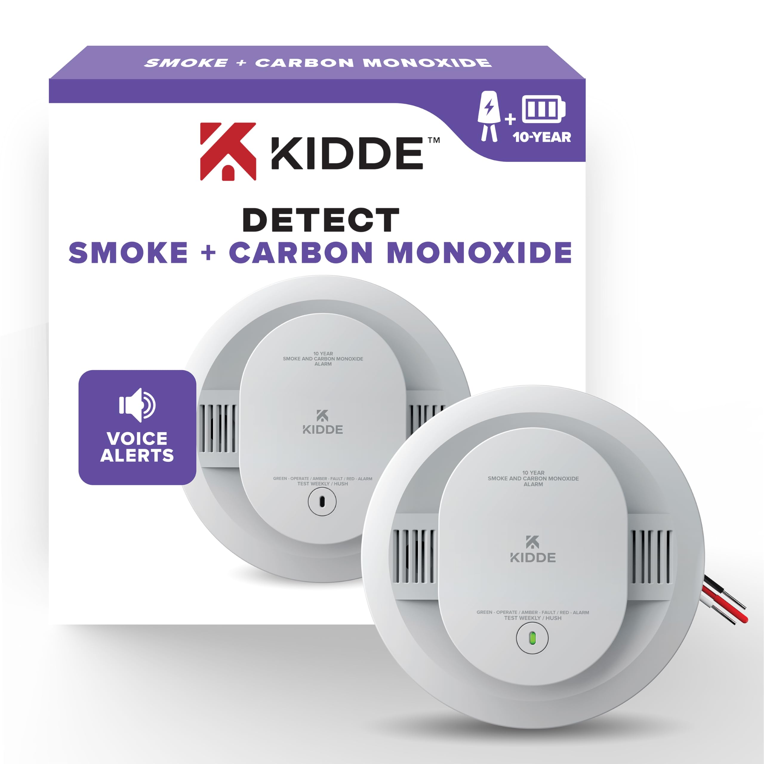Kidde 30CUA10-V front view, ready for ceiling mounting and dual-sensing safety.