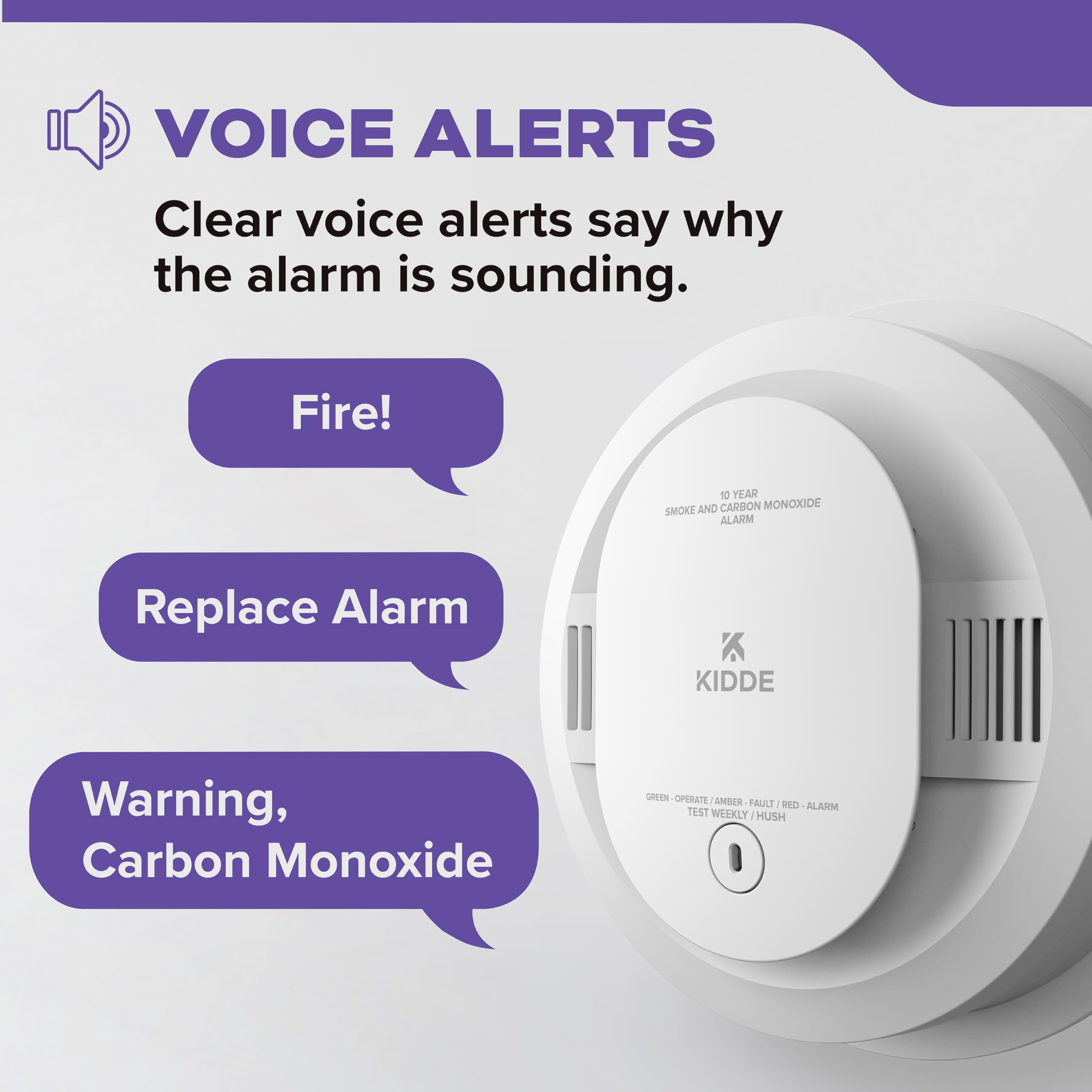 Voice alert for Fire from Kidde 30CUA10-V helps quick action.