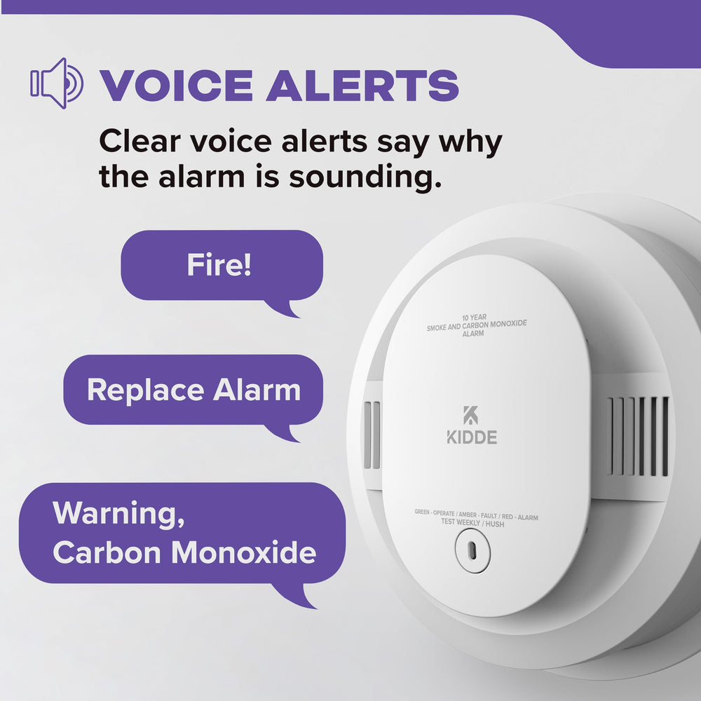 Voice alert for Fire from Kidde 30CUA10-V helps quick action.