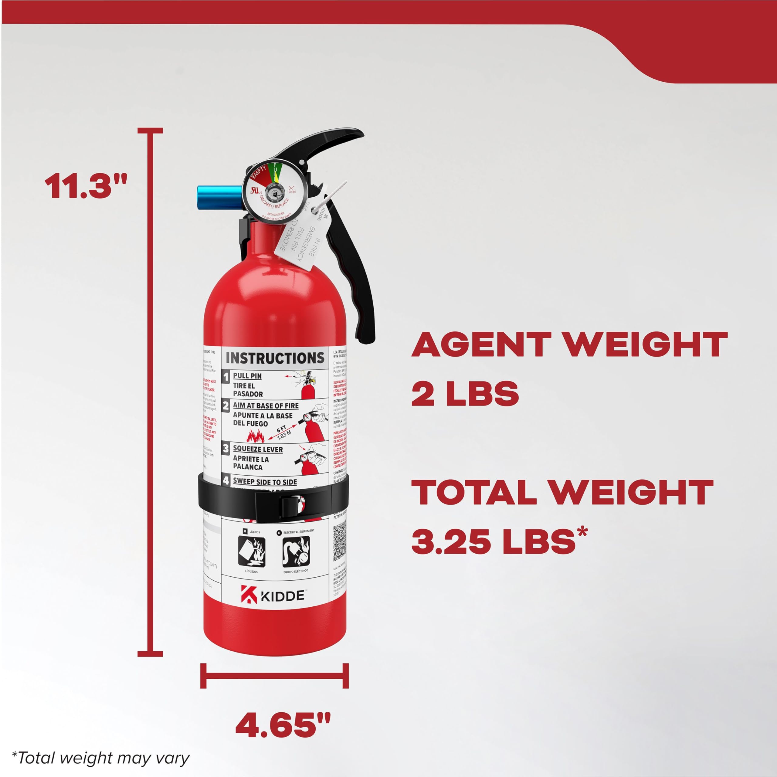 Two pounds of sodium bicarbonate agent in the Kidde Basic extinguisher for versatile control.