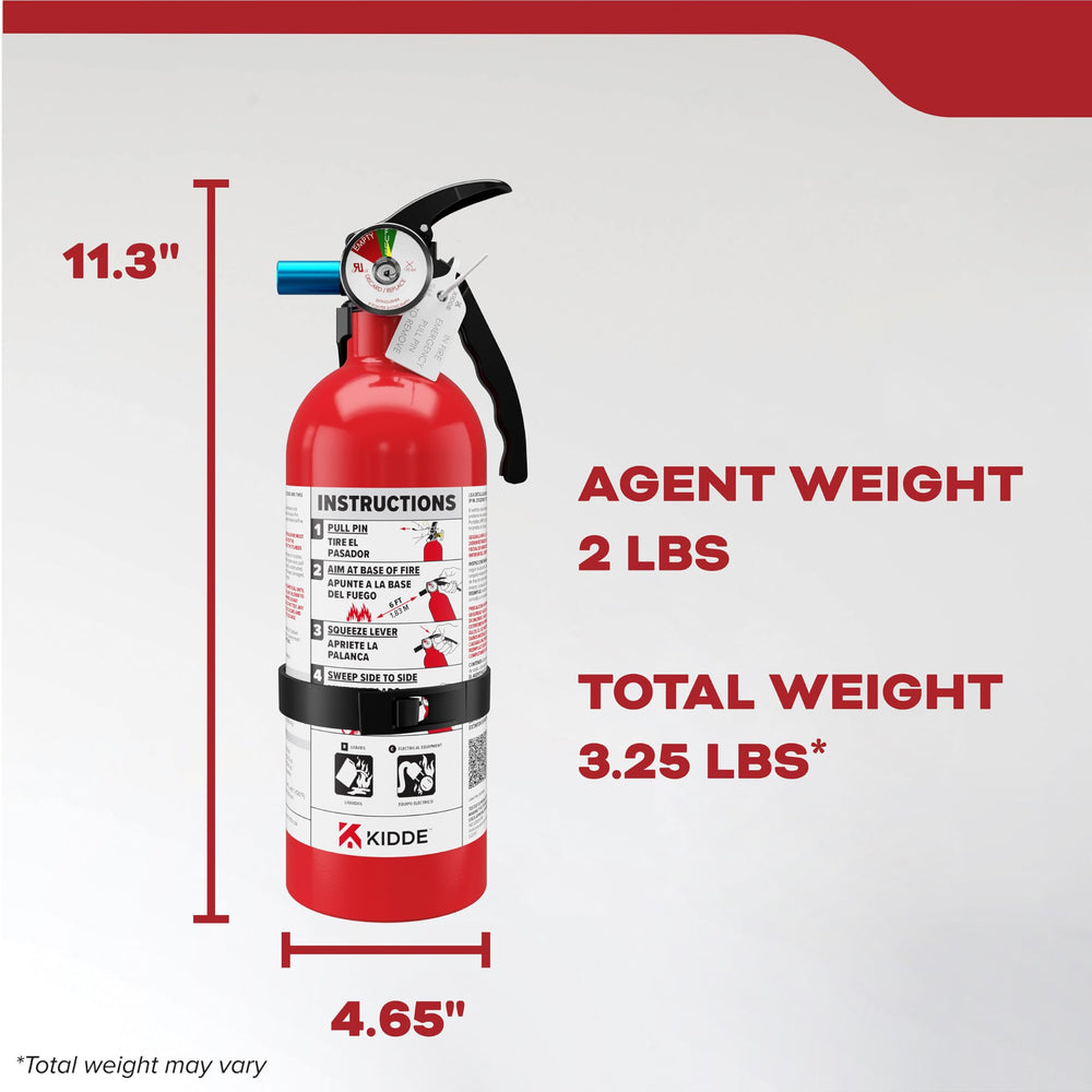 Two pounds of sodium bicarbonate agent in the Kidde Basic extinguisher for versatile control.