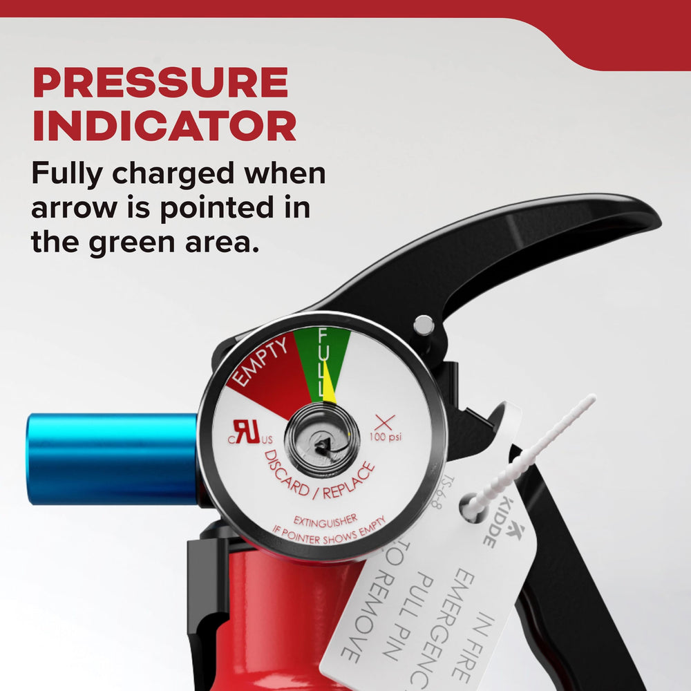 Discharge range of 4-6 feet for effective coverage with the Kidde Basic extinguisher.