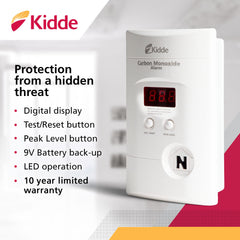 Kidde CO detector with digital display highlights CO levels at a glance.