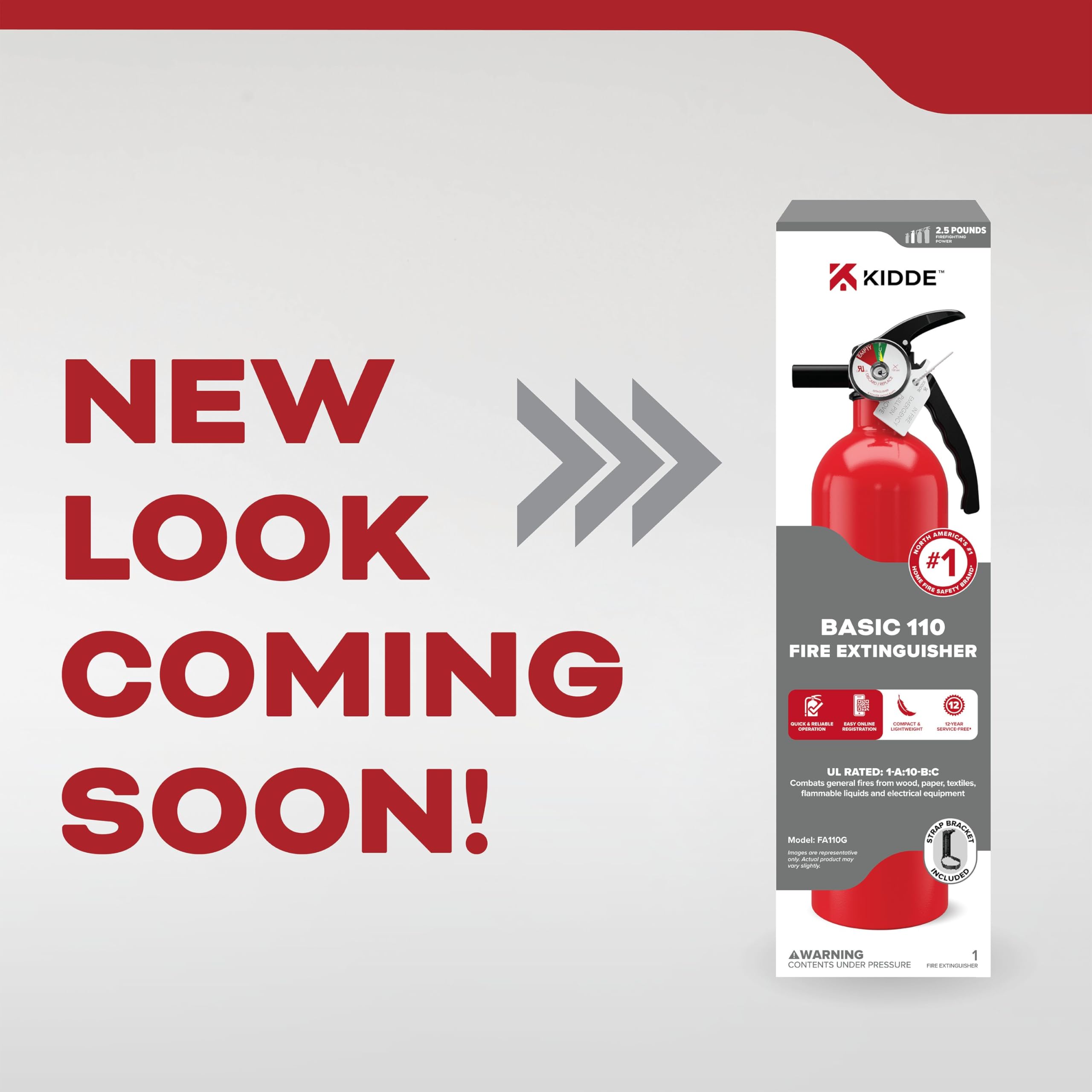 Kidde extinguisher with easy-pull safety pin for rapid access.