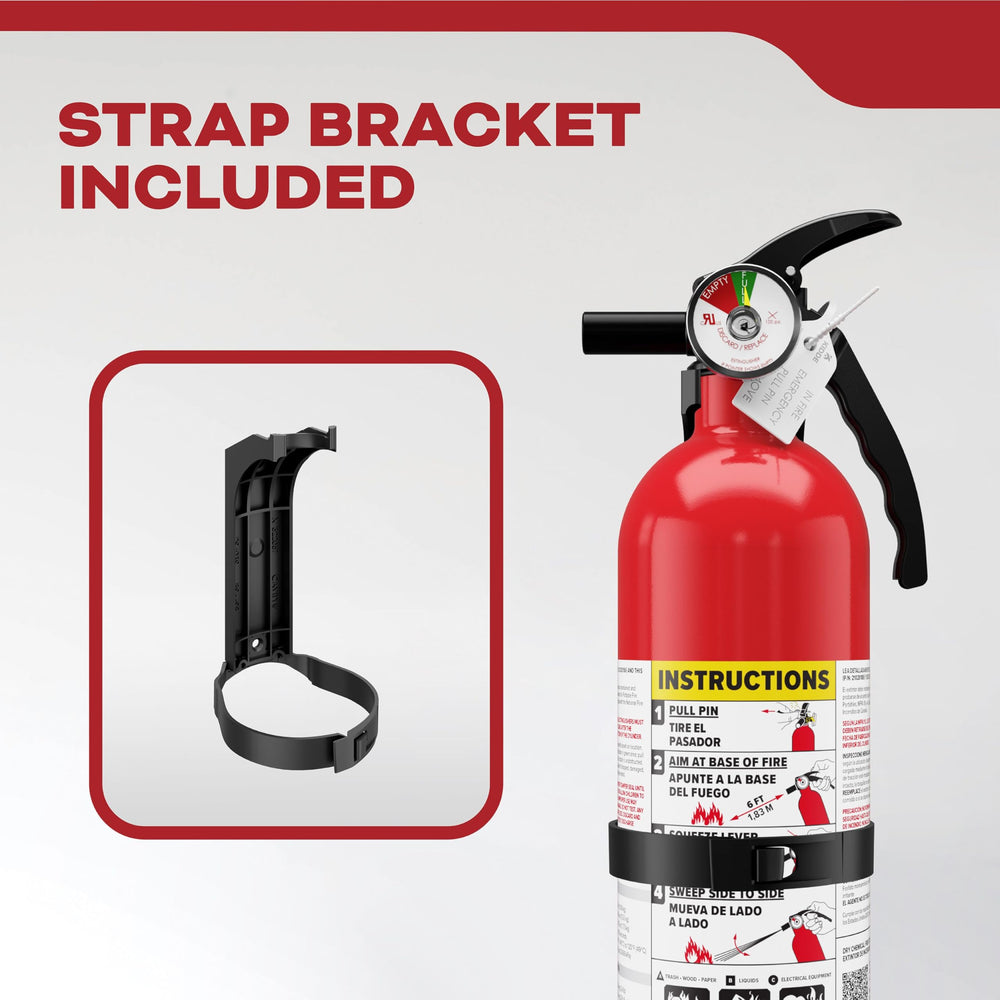 Kidde extinguisher placed in garage for quick response to tools.