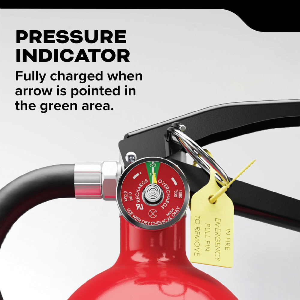 Discharge hose on Kidde extinguisher allows multi-angle use
