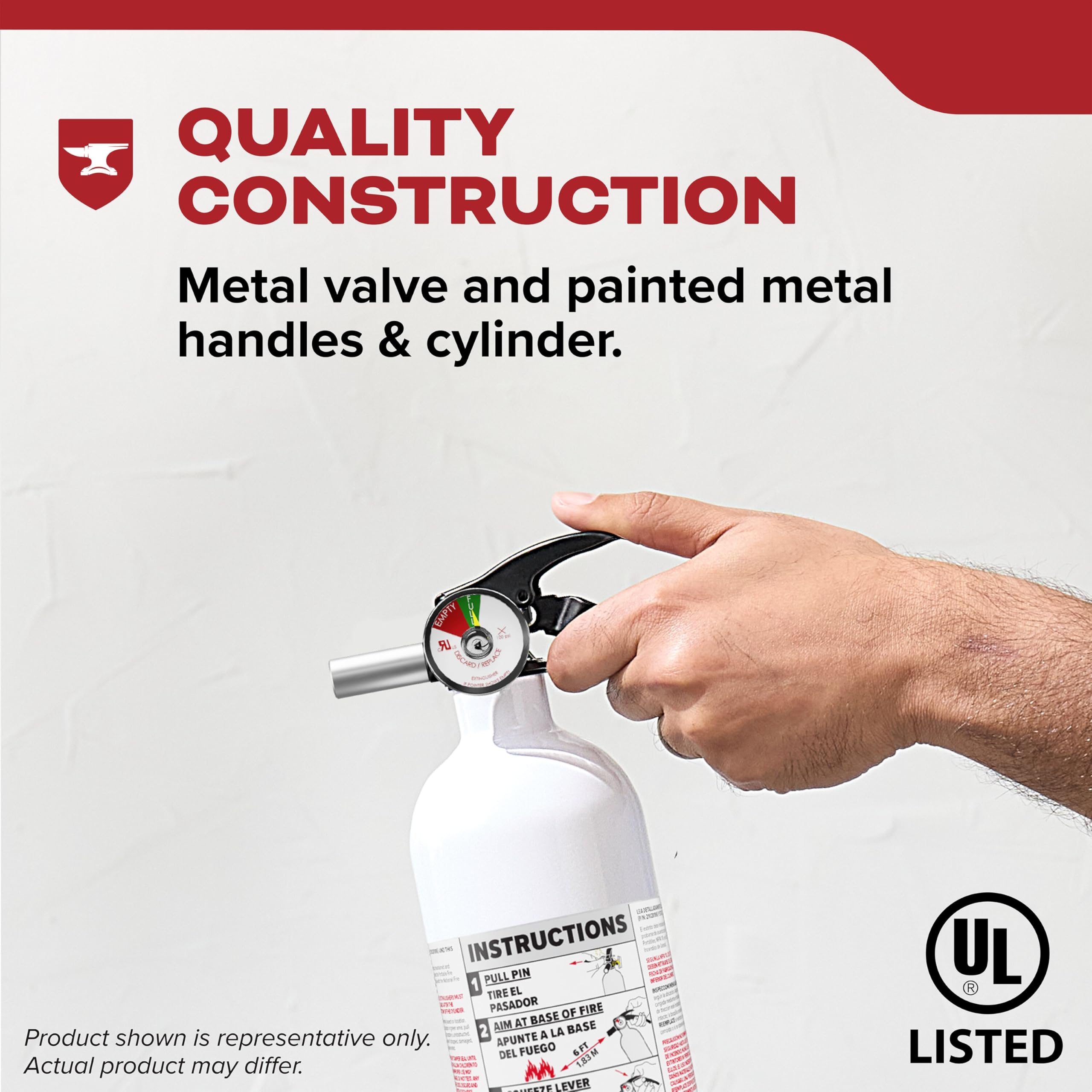 Kidde steel handle provides a secure grip during activation.