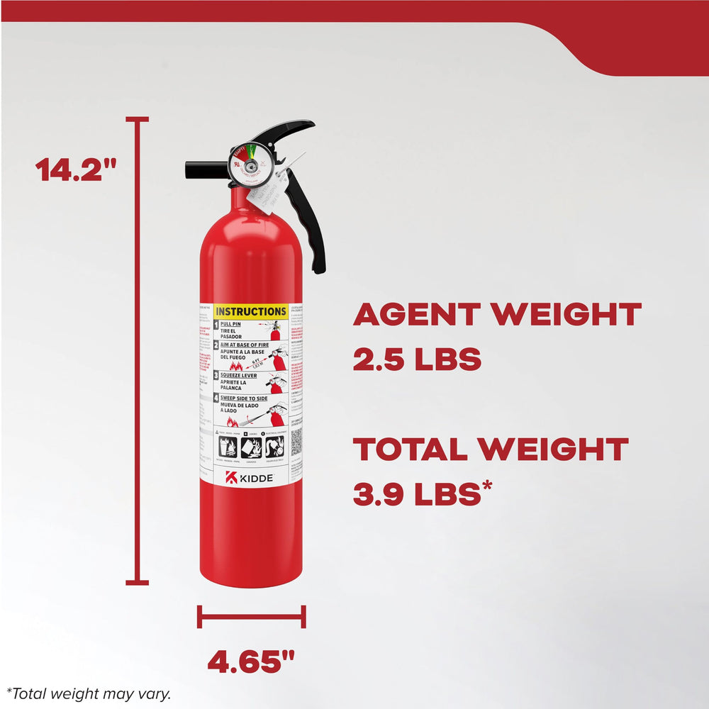 Kidde extinguisher mounted on wall rack for easy reach.