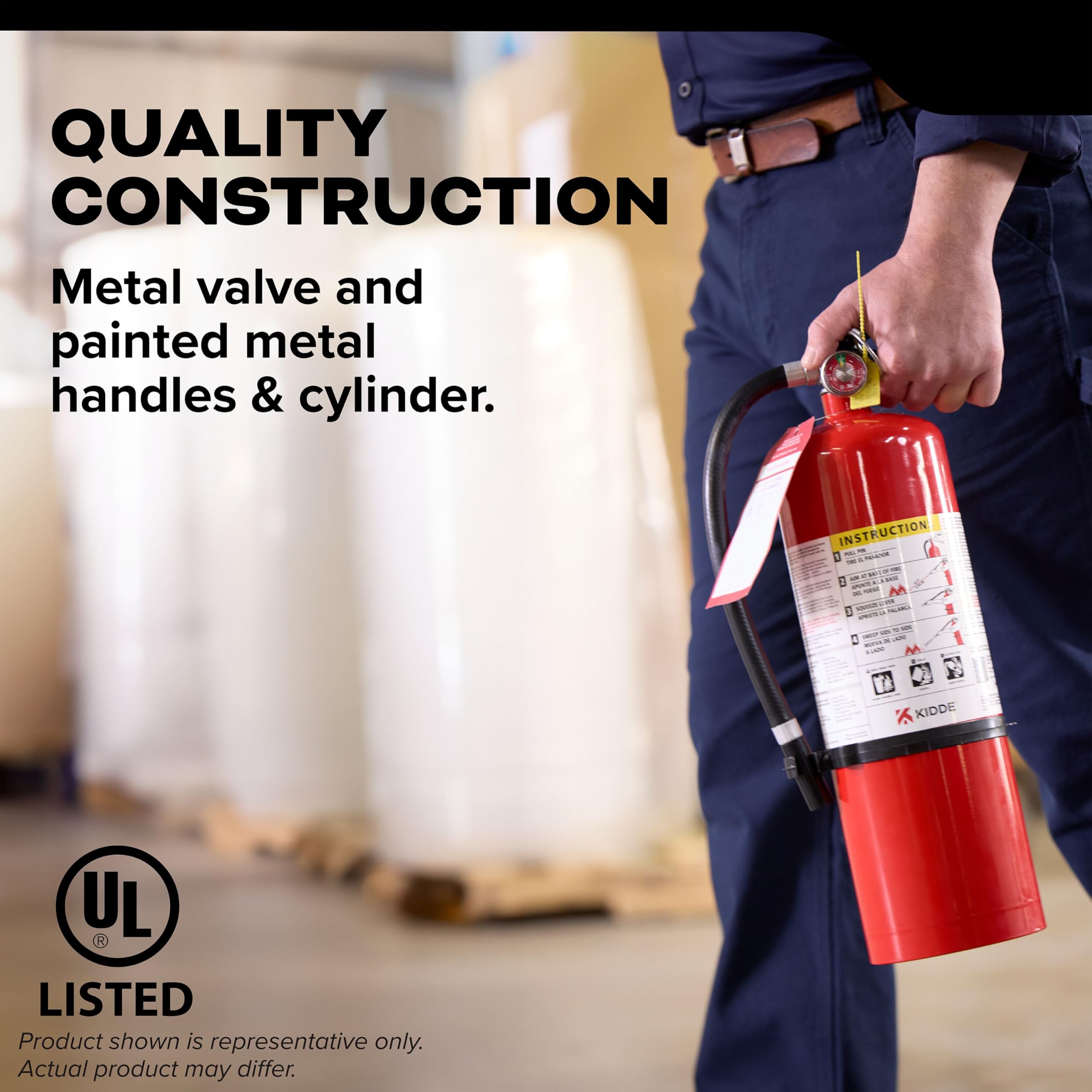 Wall-mounted Kidde extinguisher shown in hallway