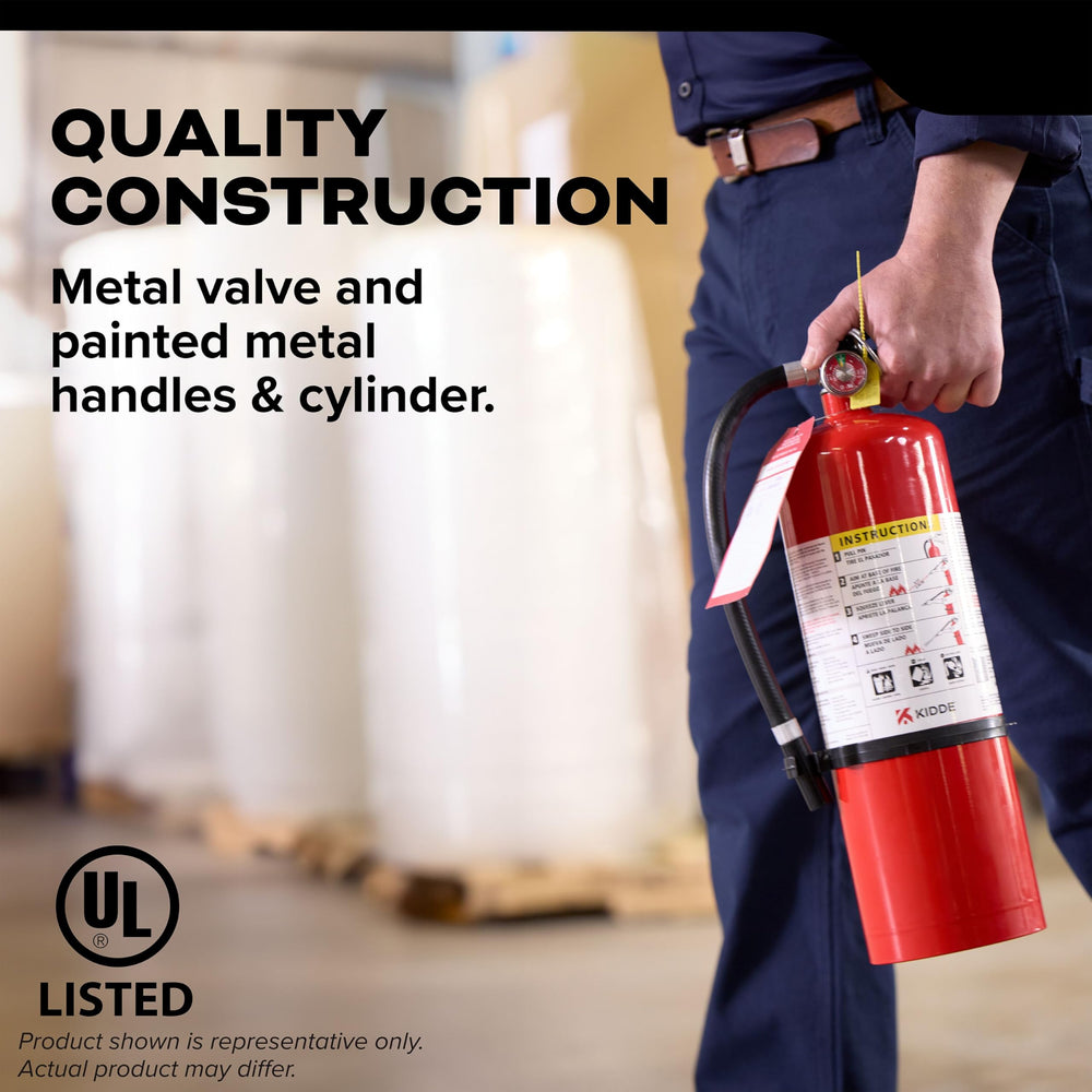 Wall-mounted Kidde extinguisher shown in hallway