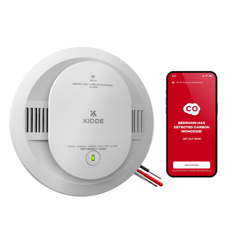 Kidde hardwired smart detector front view with dual smoke and CO alerts.