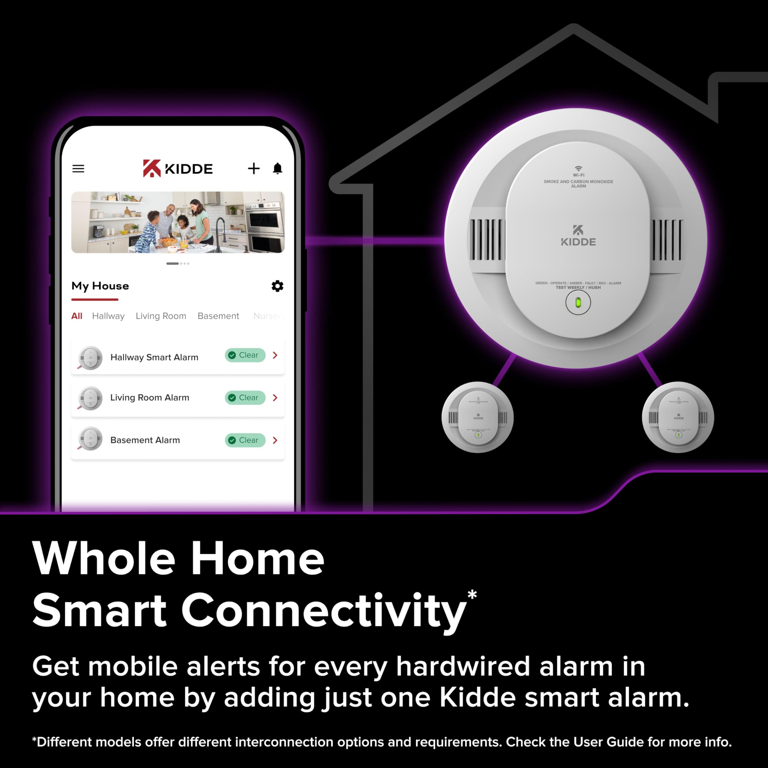 Kidde interconnected alarm network diagram showing whole-home connectivity.