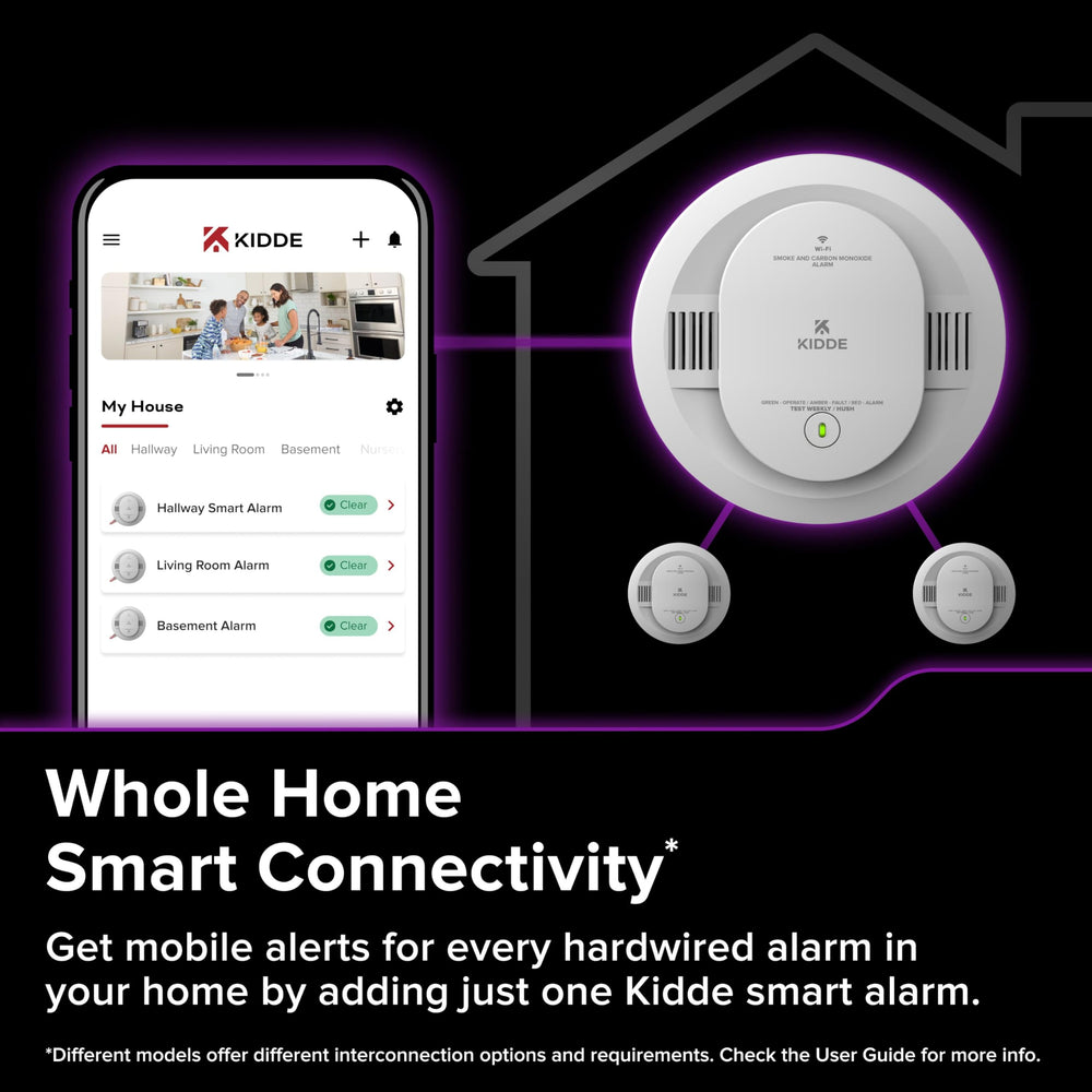 Kidde interconnected alarm network diagram showing whole-home connectivity.