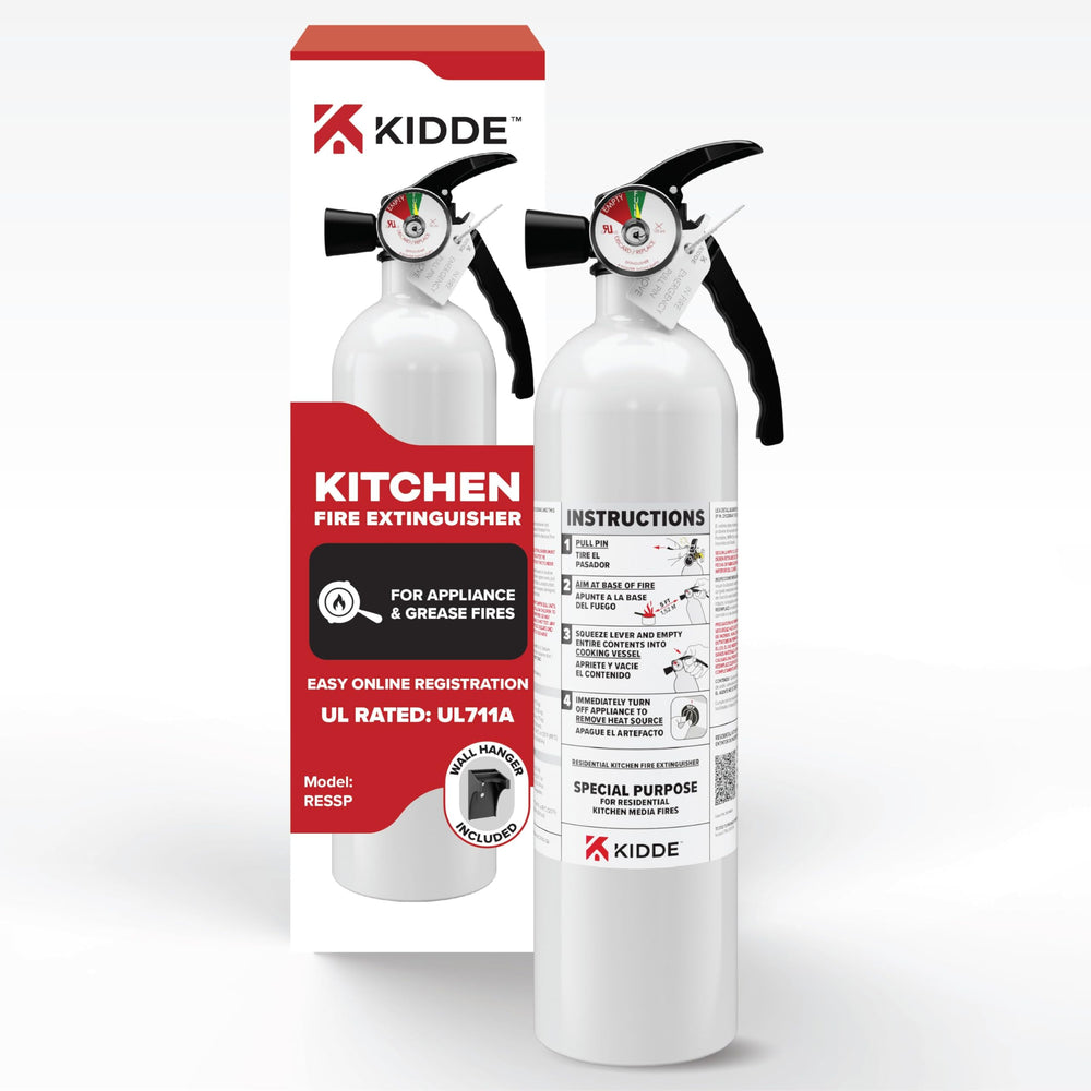 Kidde kitchen extinguisher front view for home safety and compact storage.