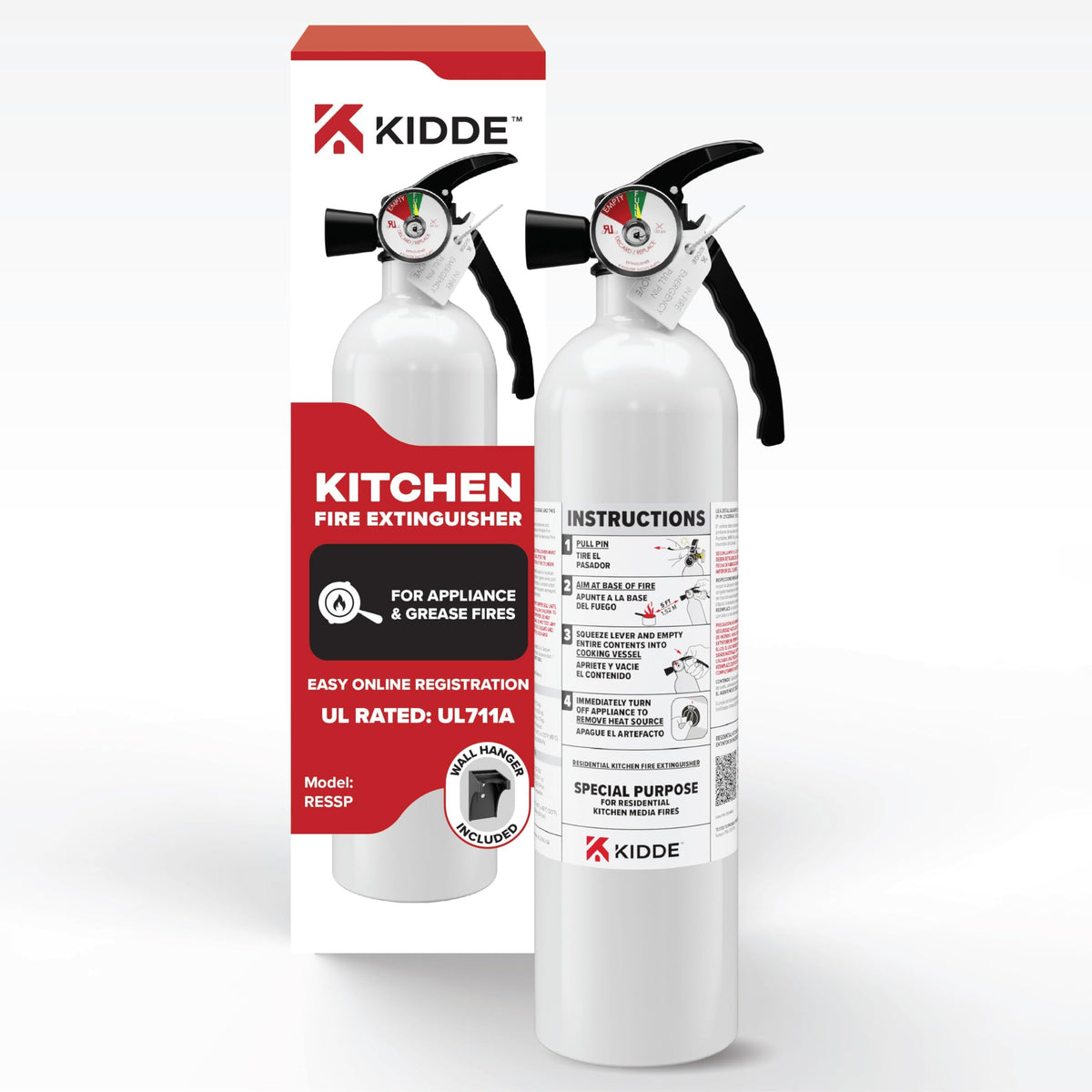 Kidde kitchen extinguisher front view for home safety and compact storage.