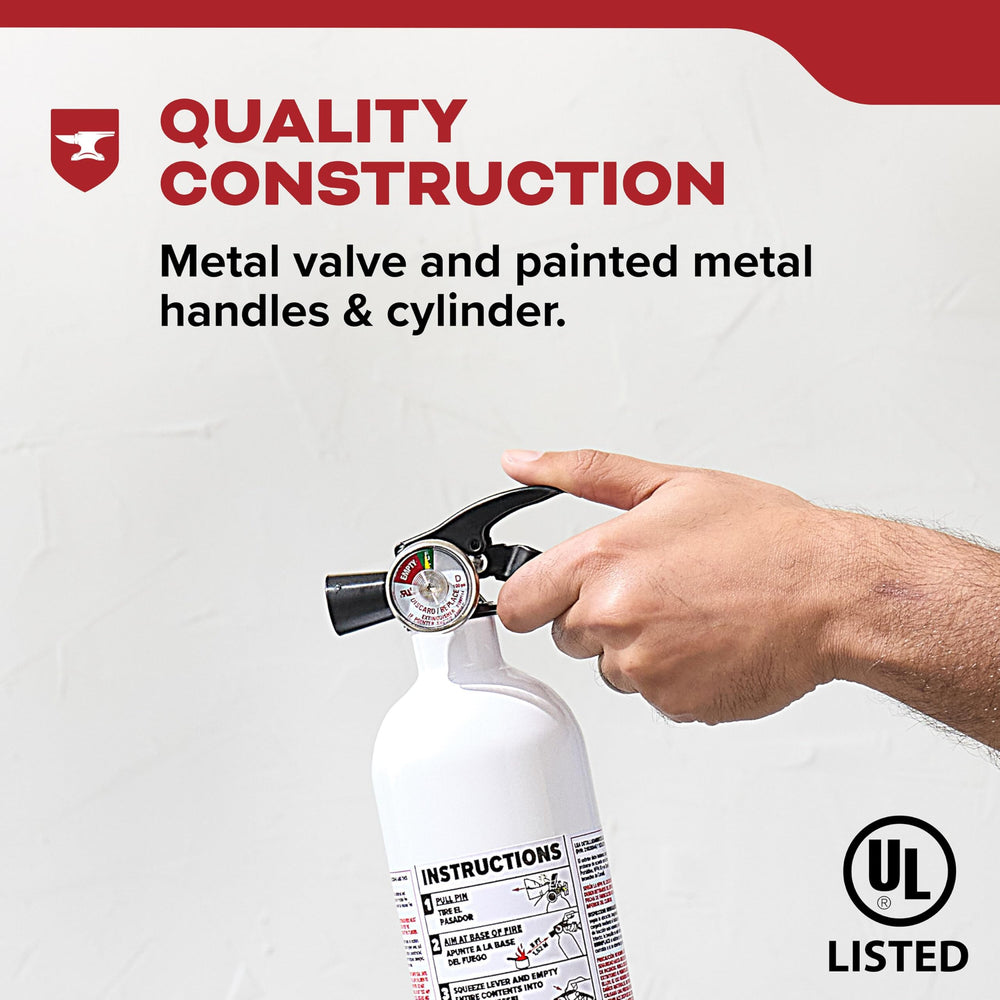 Kidde extinguisher mounted in a kitchen cabinet for quick access.