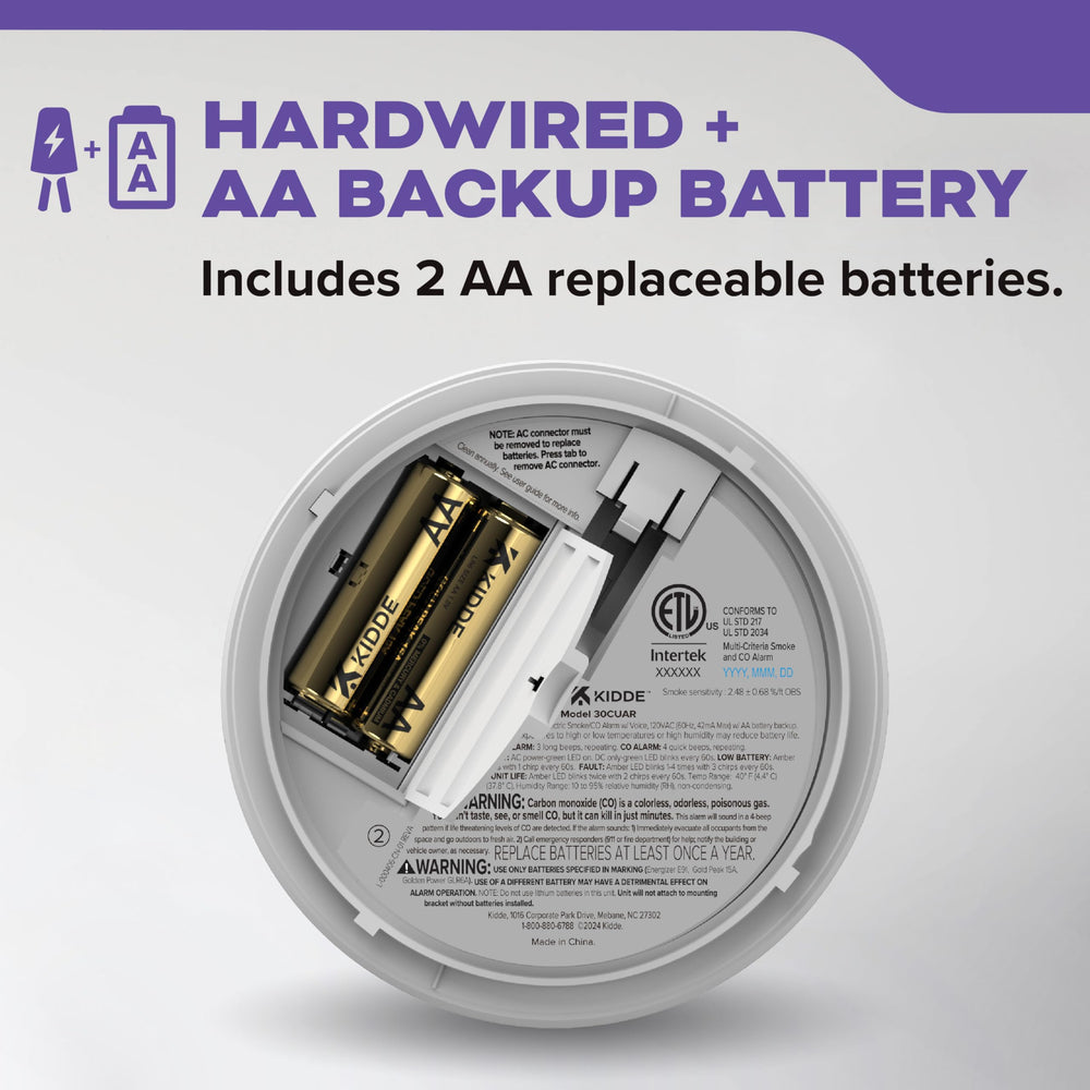 Kidde back panel highlights 120V power and AA battery backup
